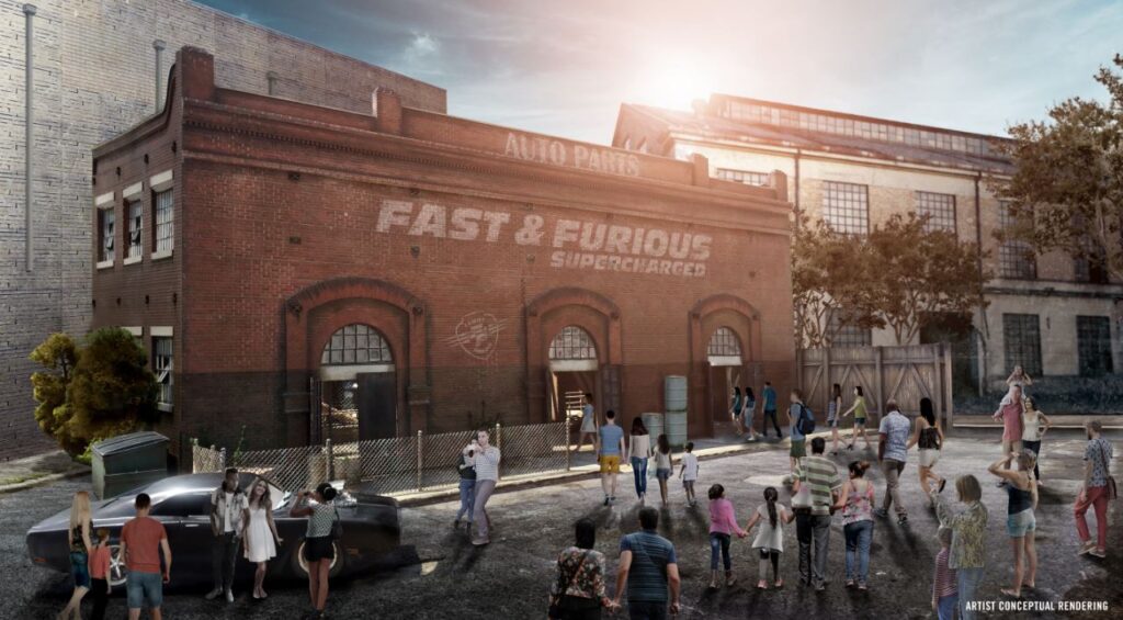 Fast & Furious Universal Studios -A brick building where the iconic cars from the movies are